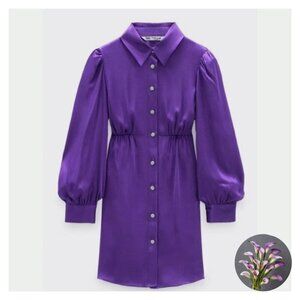 ZARA Royal Purple Satin Shirt Mini Dress Purple Rhinestone Buttons - Size M